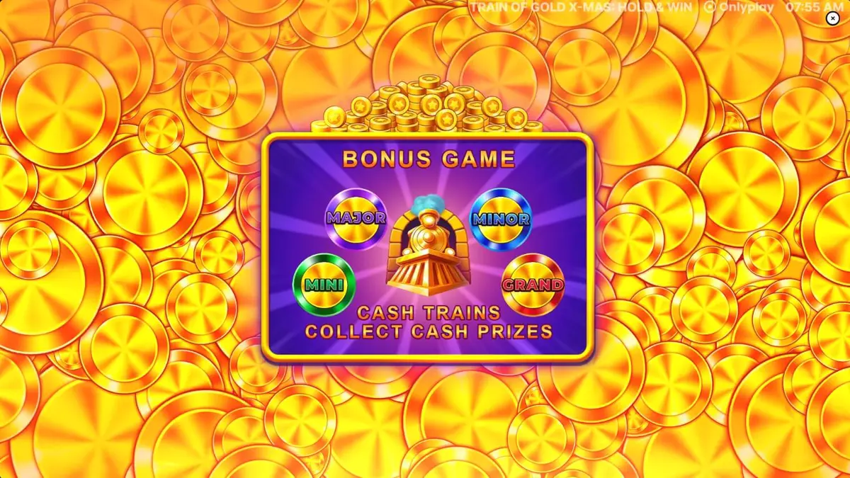 Tampilan visual slot bertema kereta Natal dengan simbol buah dan koin emas.