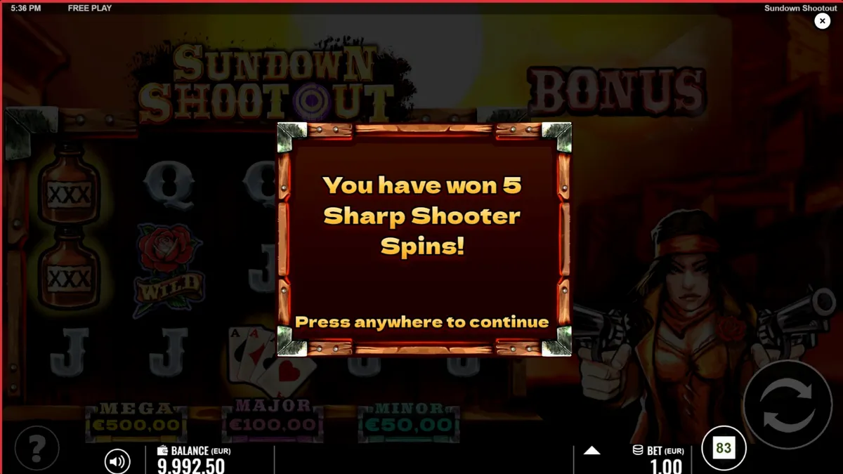 Pemandangan atmosferik Wild West dengan latar belakang gurun dan simbol revolver dalam permainan Sundown Shootout.